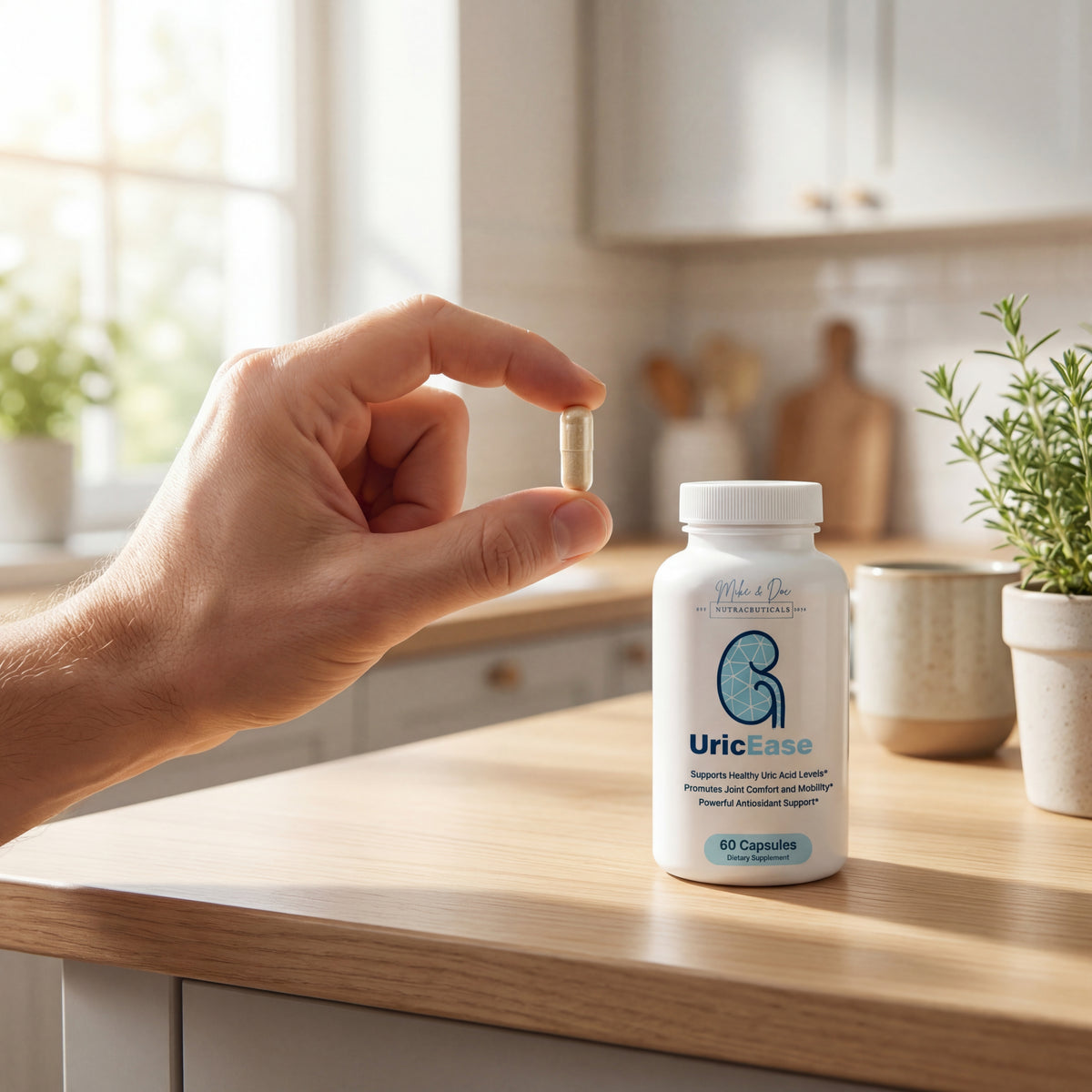 UricEase bottle on kitchen counter, daily uric acid supplement